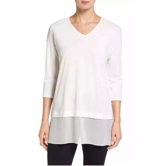 Eileen Fisher Petite Womens Silk Chiffon & Jersey V-Neck Top Size L - Picture 1 of 8